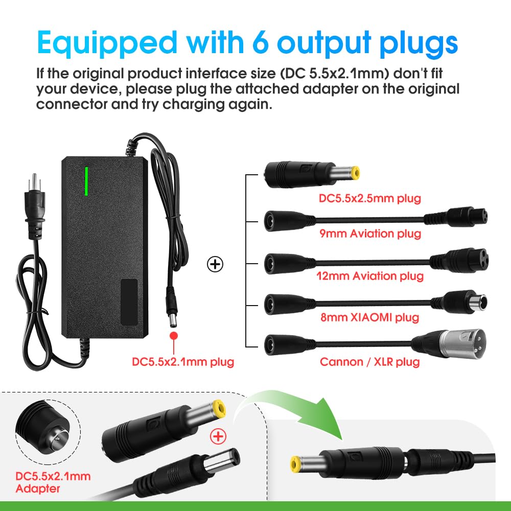 Chargeur 54,6 V 3 A/5 A avec prise 6 en 1 pour batterie au lithium 36 V telles que les batteries marines de voiture, camion, tondeuse à gazon, bateau (54,6 V3 A (prise 6 en 1))