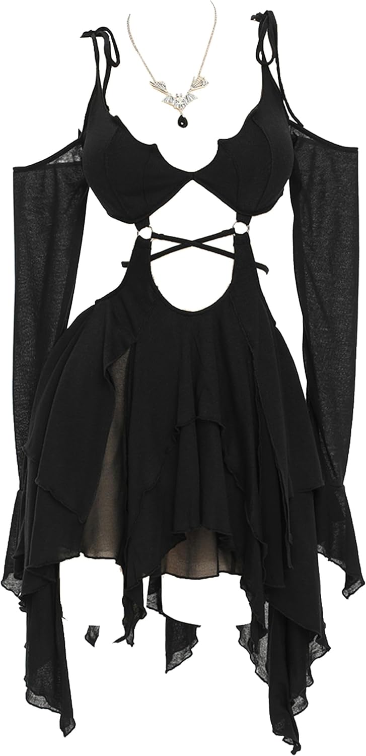 MEOWCOS Halloween Gothic Dress Punk Party Mini Dress Dark Bat Goth Dress with Necklace