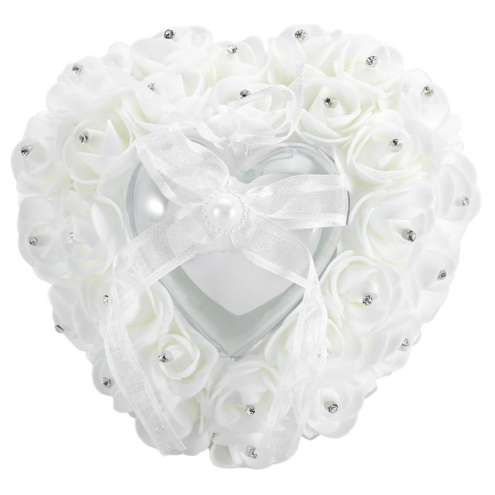 CGRSDSD Ring Bearer Pillow Romantic Heart Shaped Wedding Ring Box Rose Rhinestone Decor Ring Pillow Cushion(White)