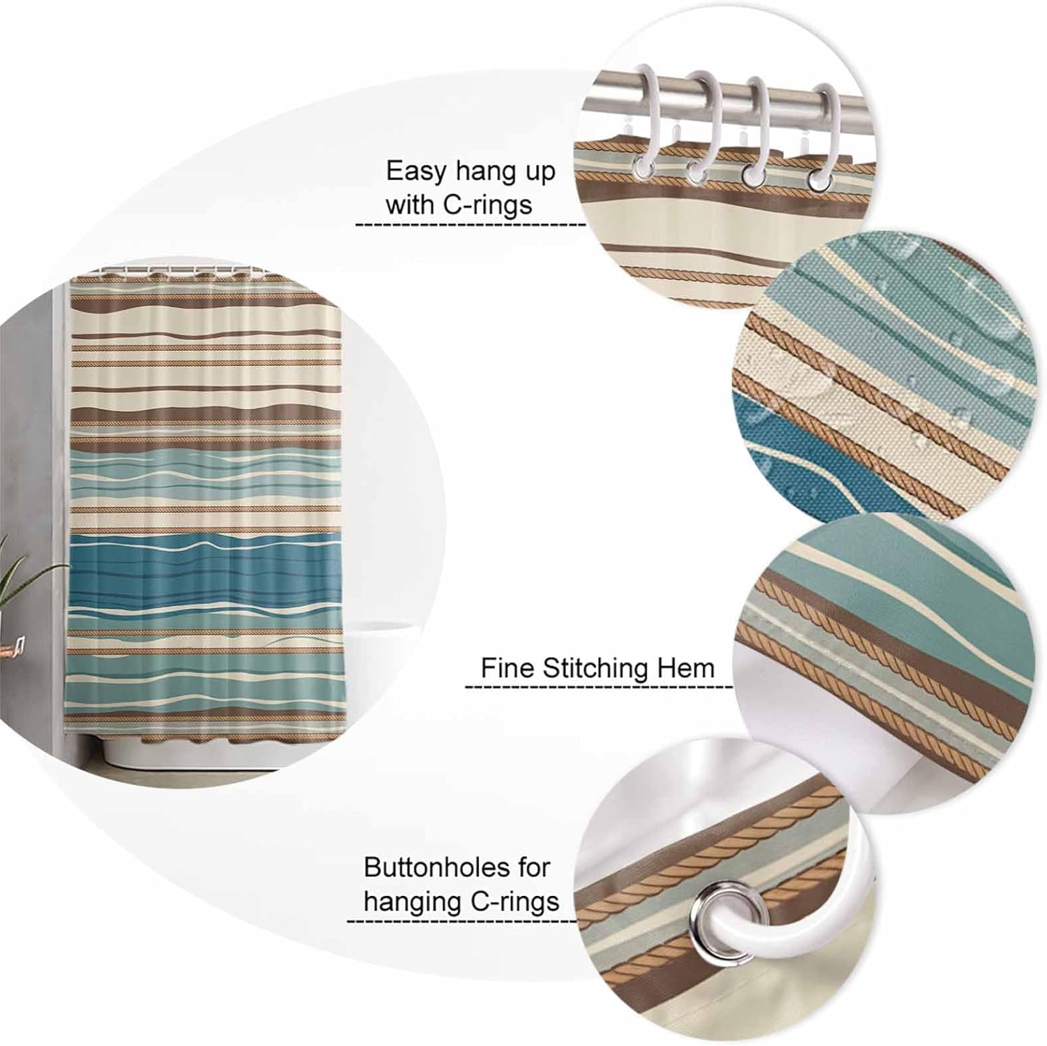 YOKOU Shower Curtain, Bohemian Stripe Boho Vintage Farmhouse Style Teal Brown Beige Water Repellent Polyester Fabric Bath Curtains with Hooks for Bathroom Showers Stalls Bathtubs, 48"x72"