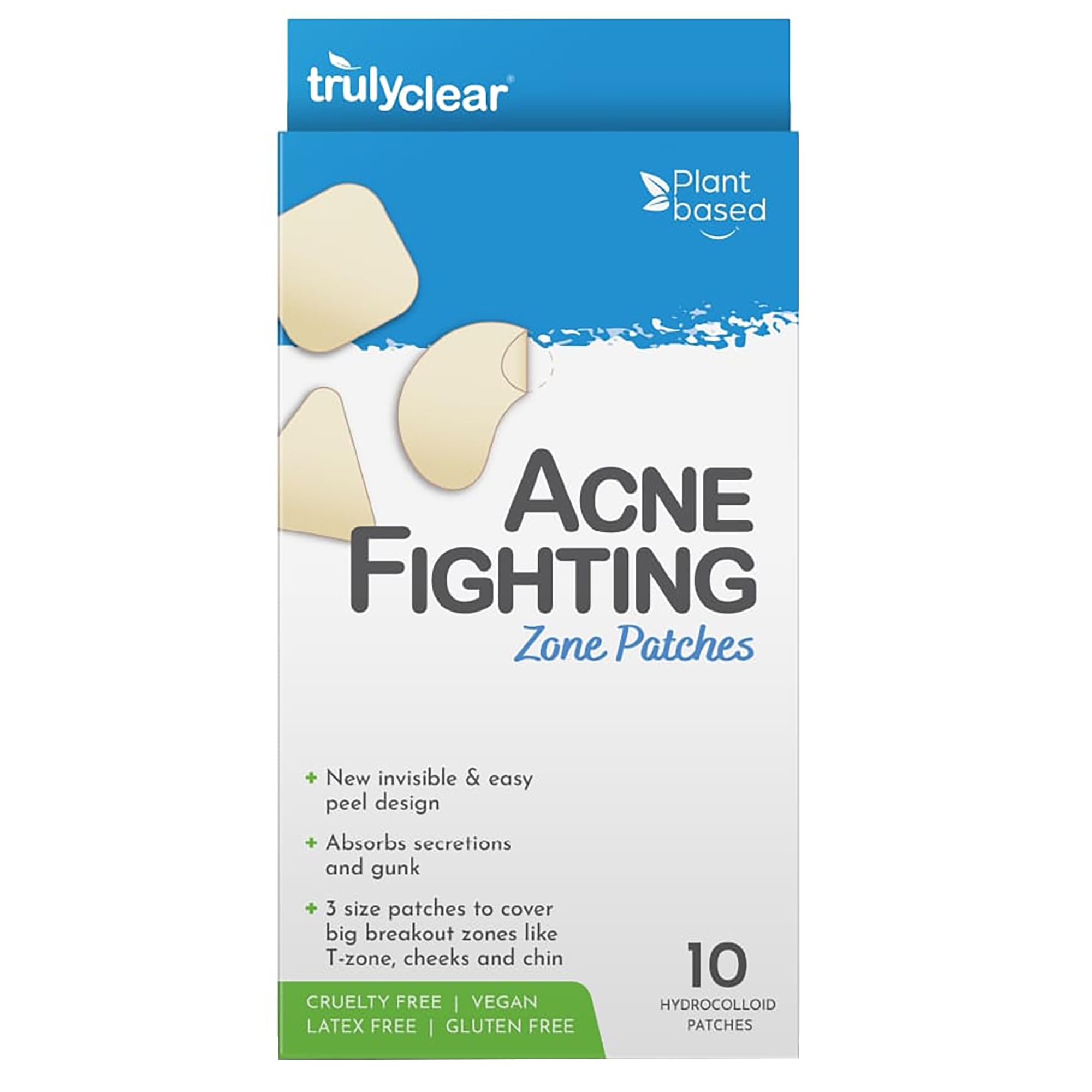 Truly Clear Large Acne Pimple Patches for Face & Body - 10 Count, Hydrocolloid Blemish & Zit Patches for Face & Body - Plant-Based, Cruelty-Free Acne Zone Solution - Overnight Results