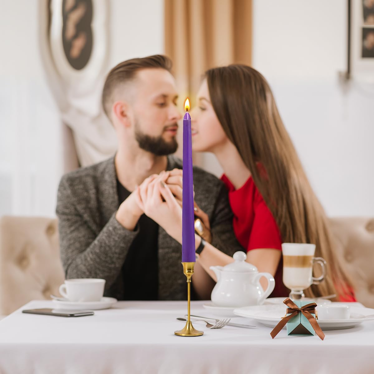 7 Packs 10 Inch Purple Taper Candles, Unscented Smokeless Non-Toxic Tall Skinny Colored Wax Candlesticks with Cotton Wicks for Burning Approxinately 7-8 Hours Time