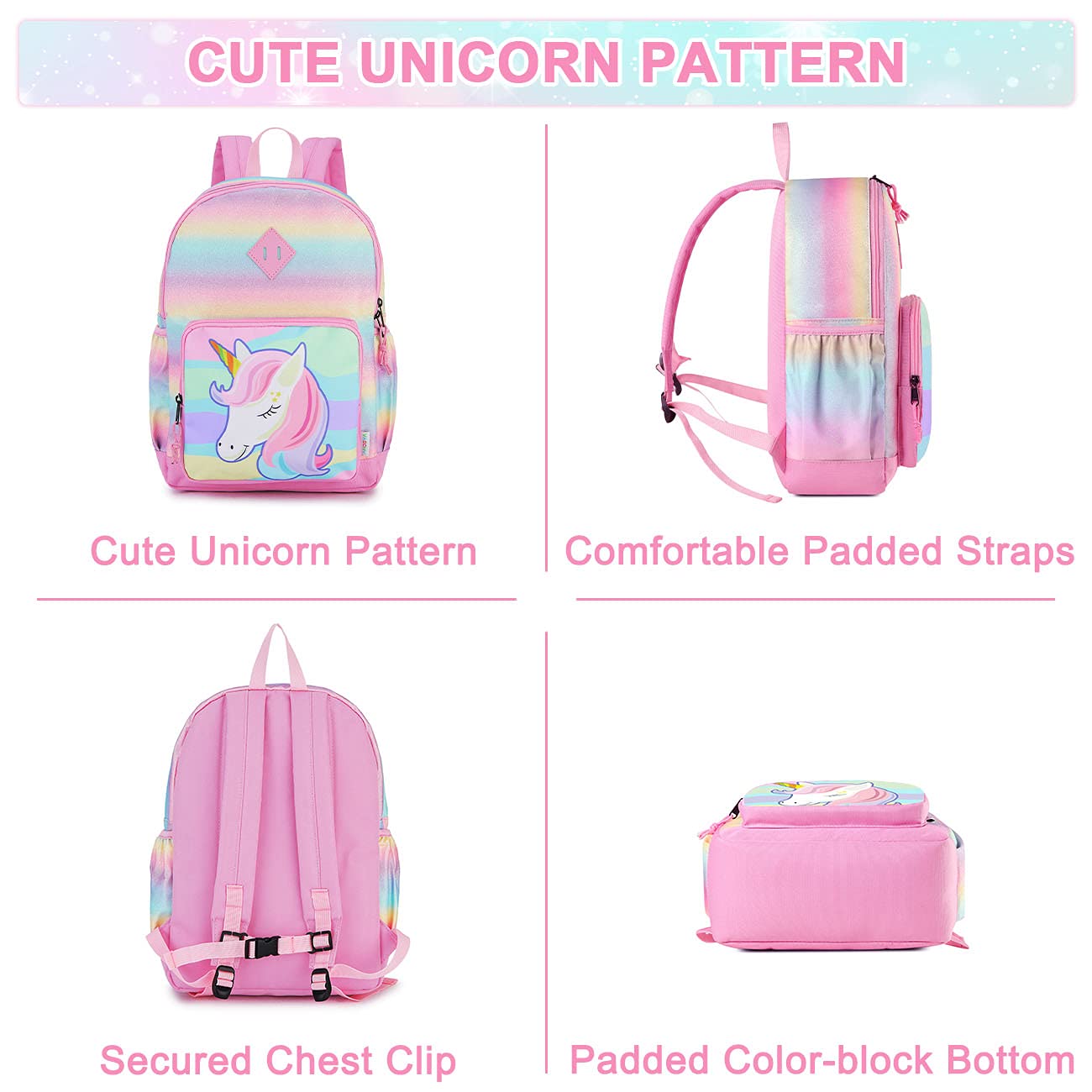 VASCHY Mochila Niña, Mochilas Escolares Mochila Infantil 4-6 Años para Escolar Ajustar Carpeta A4 con Bolsillos Laterales y Correa en Pecho