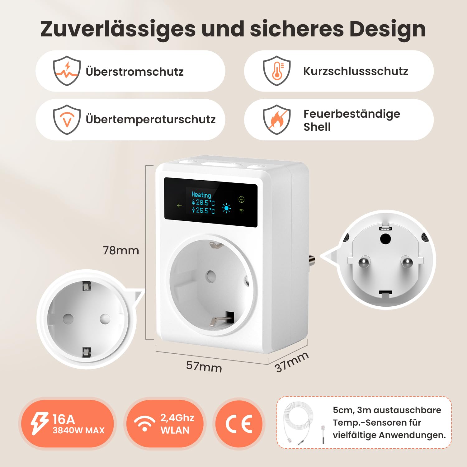 MIUCDA Smart Steckdosen-Thermostat WLAN für Heizung/Kühlung und Zeitschaltuhr mit 3m und 5cm Fühler, Digitaler Temperaturregler Kompatibel mit Alexa und Google für Gewächshäuser, Aquarien