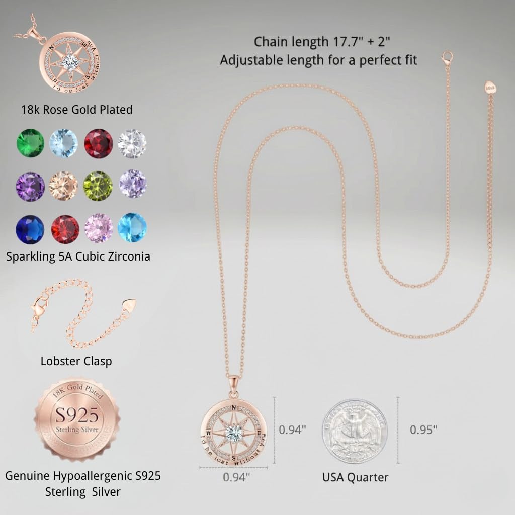 Compass Necklace for Women Wife Girlfriend Mom Daughter Gifts S925 Sterling Silver Jewelry For Anniversary Rose Gold Gifts For Birthday Christmas Mothers Valentines Day 12 Birthstones - Image 4