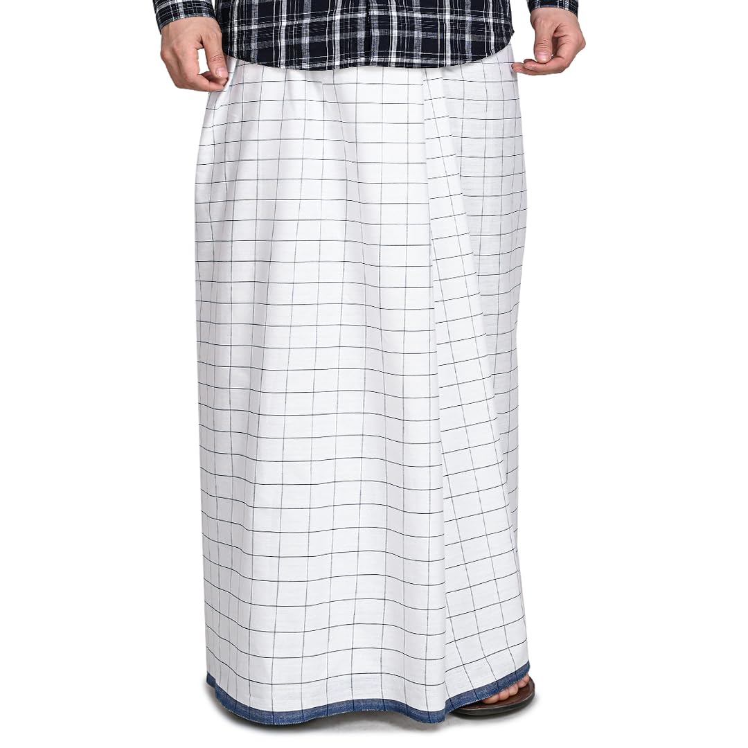 Pure Cotton Lungi for Men, Premium Ethnicwear for Men | Blue Checkered Lungi | Hem Stitched Premium Single Dhoti | 100% Cotton Mundu