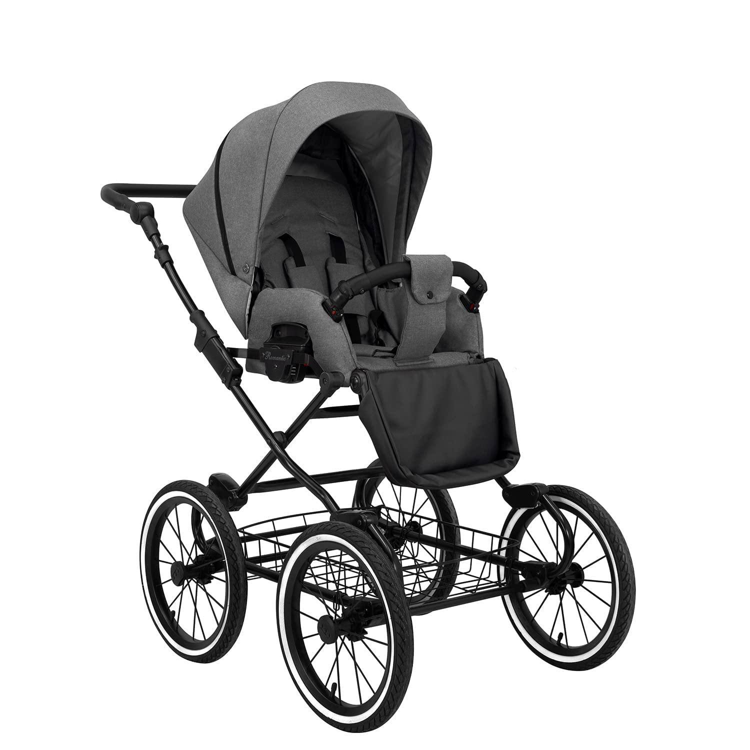 KUNERT Kinderwagen ROMANTIC retro Sportwagen Babywagen Autositz Babyschale Komplettset Kinder Wagen Set 2 in 1 und 3 in 1 (grau- schwarz rahmen, 2in1)