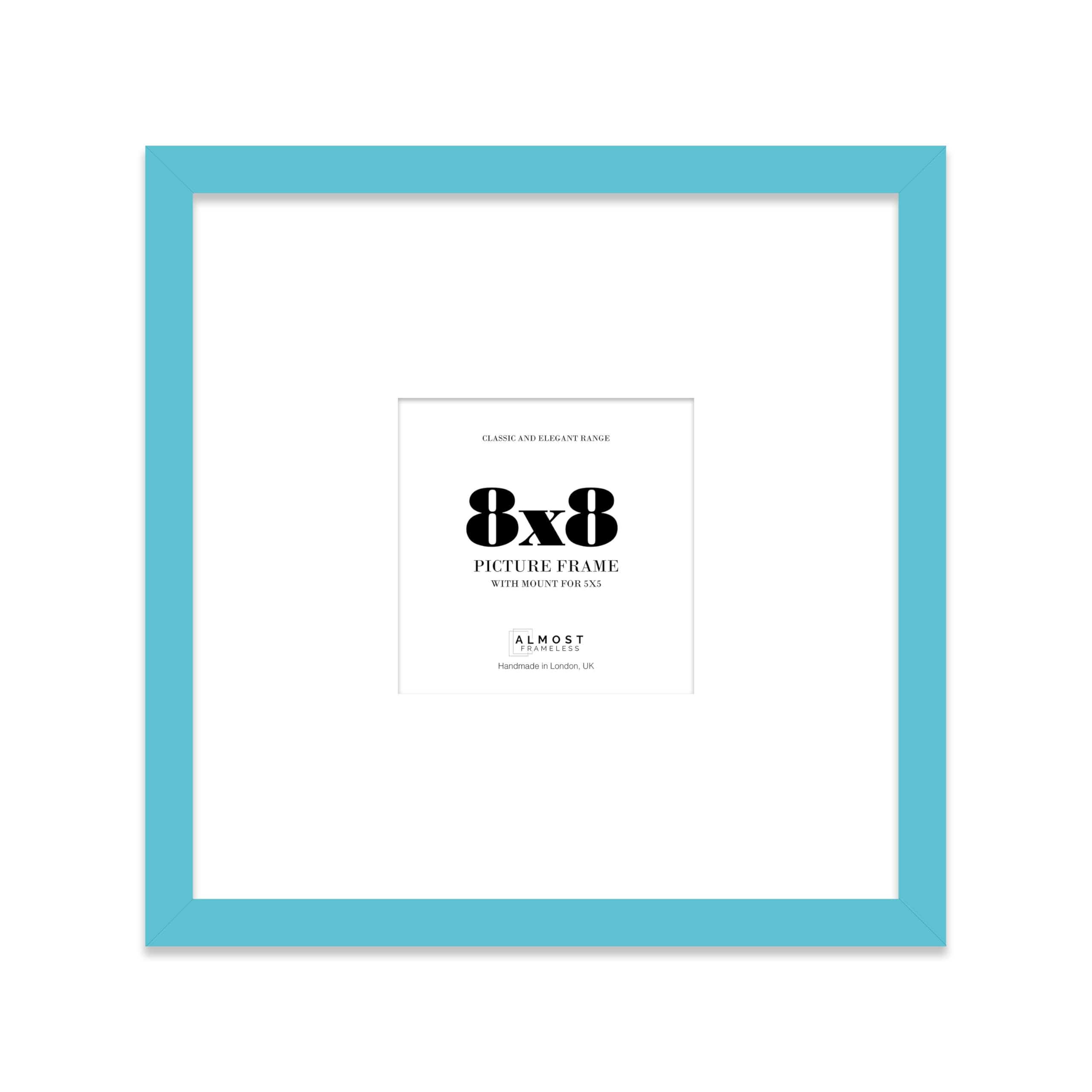Almost Frameless 8x8 Square Picture Frame, Display Pictures 5x5 With Mat or 8x8 Without Mat, Wall Hanging & Free Standing Photo Frame, Turquoise, 1 Pack