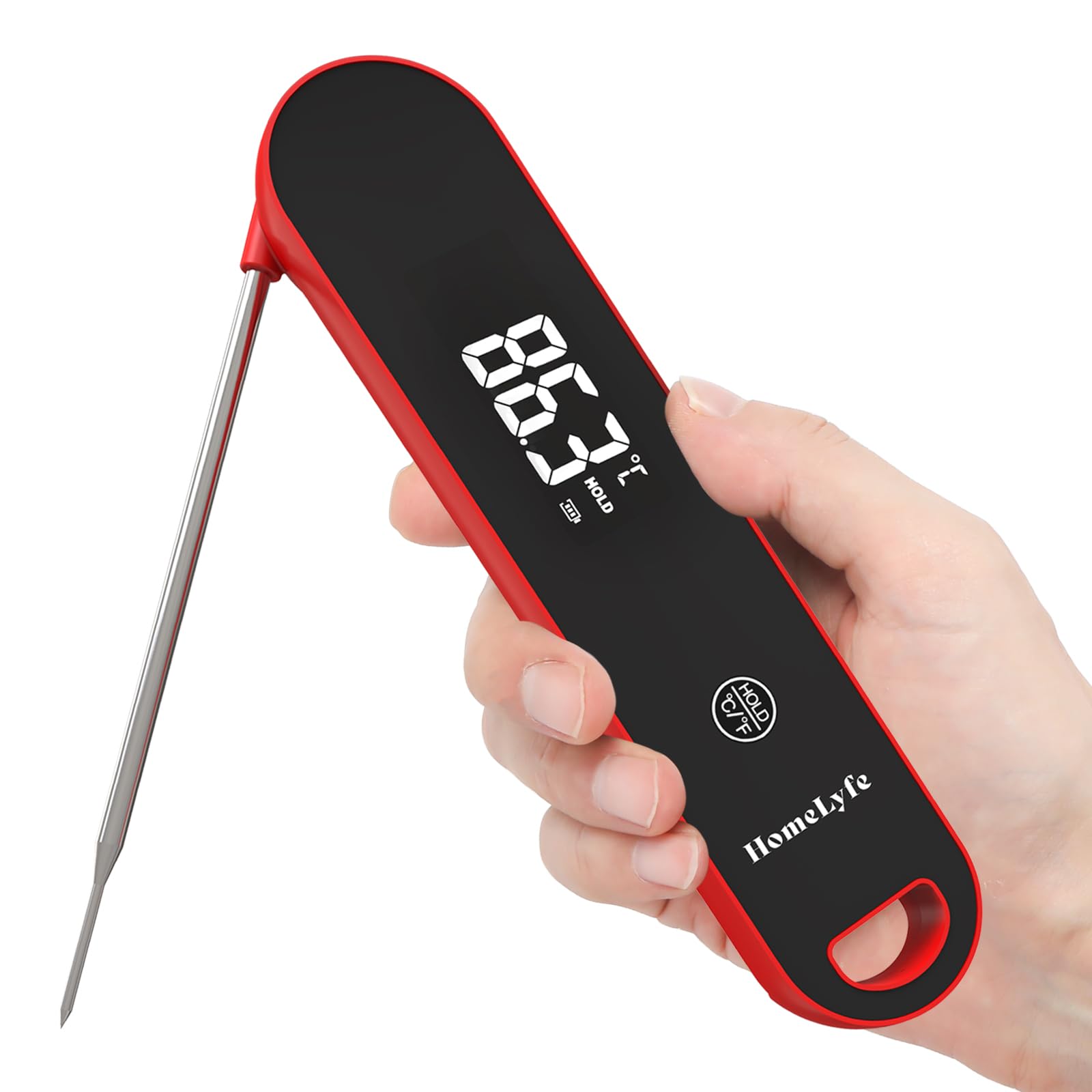 Meat Thermometer Digital - 0.5s Instant Read, Food Thermometer ±0.3℃ Accurate, IP67 Waterproof & Magnetic, Foldable Probe, Bright LED Display for BBQ, Grill, Oven, Kitchen (Red)