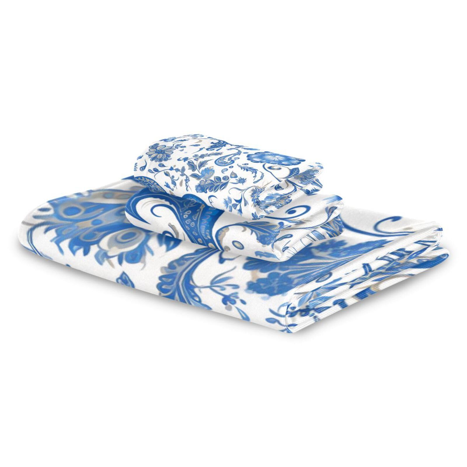 Set di 3 asciugamani da viso vintage blu con motivo floreale ad asciugatura rapida, 1 asciugamano da bagno, 1 asciugamano per le mani, 1 panno per la casa, cucina e famiglia