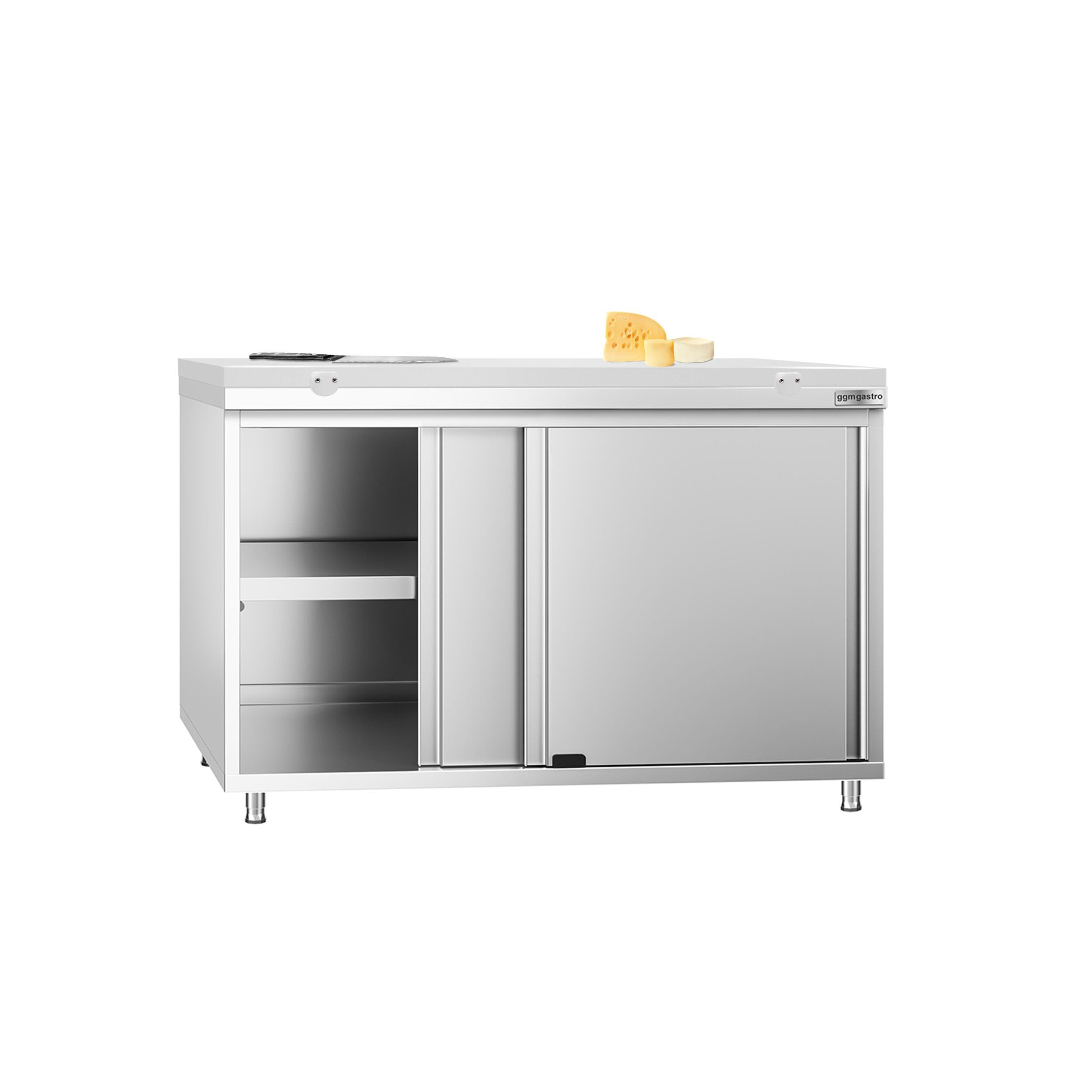 GGM Gastro | ASK127#FKPGT127 | Edelstahl Arbeitsschrank PREMIUM - 1200x700mm - mit Schiebetür - inkl. Schneideplatte Weiß