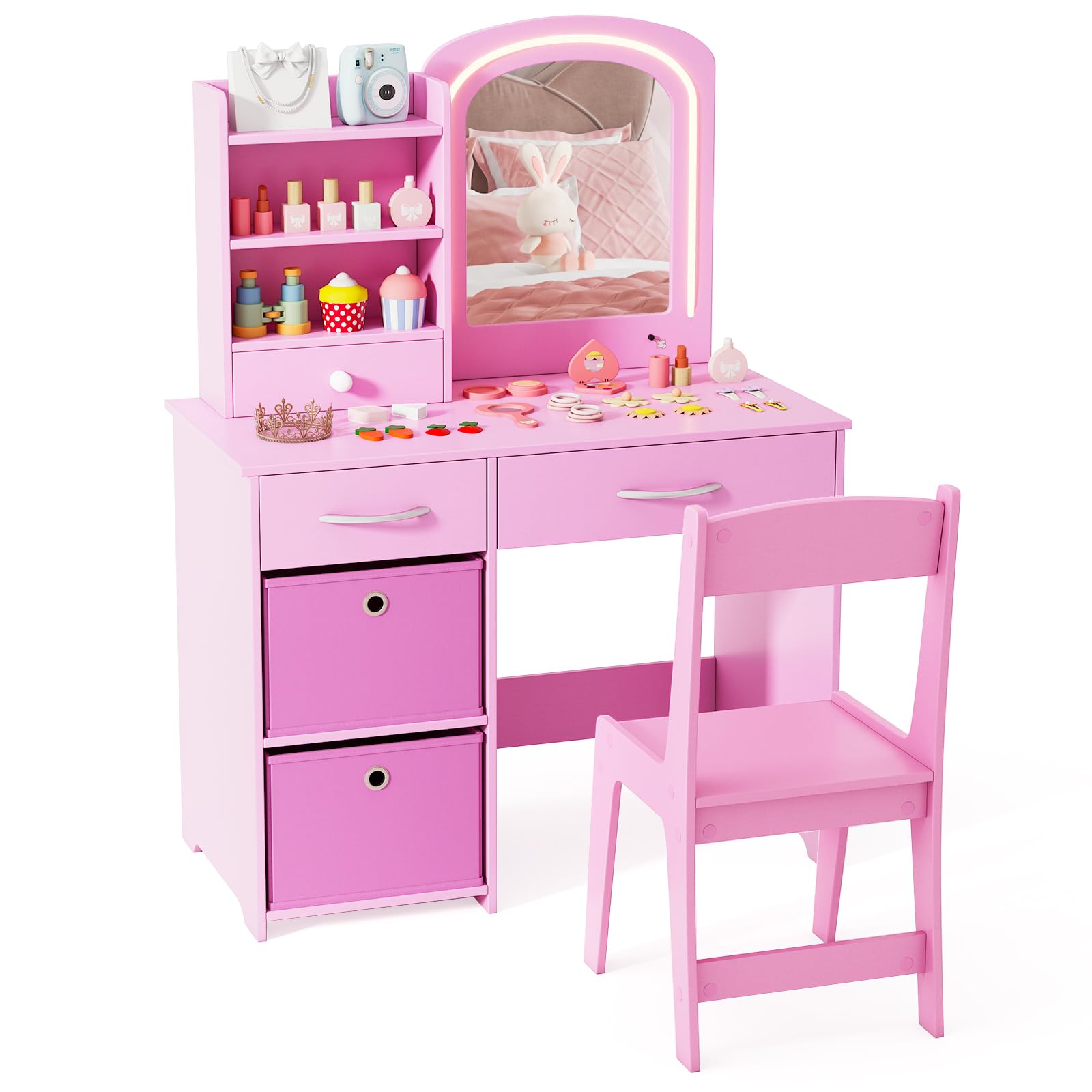 DREAMADE Schminktisch Kinder, Schminktisch Mädchen mit Stuhl & Buntem LED-Spiegel, Frisiertisch aus Holz, Kinderschminktisch mit offenen Regalen & Schubladen für Kinder ab 3 Jahren (Mit Boxen,Rosa)