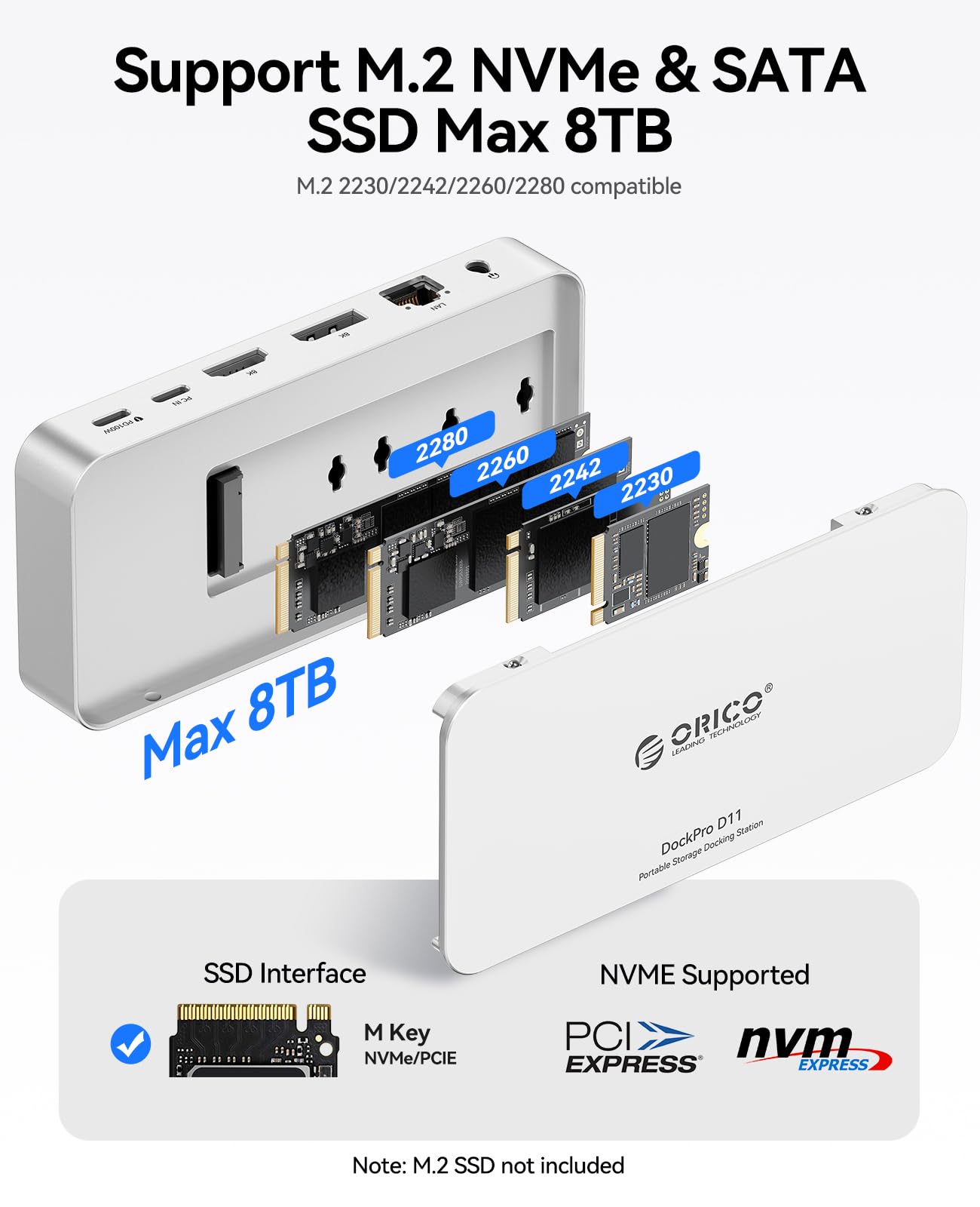 ORICO Stacja dokująca 11 w 1 z obudową 8 TB M.2 NVMe/SATA SSD, stacja dokująca do laptopa, 2 monitory z HDMI 1 x DP 8K 30 Hz, 2 x USB-A/C 10 Gbps, SD/TF, 100 W PD, 1 Gbps Ethernet, USB C do MacBook