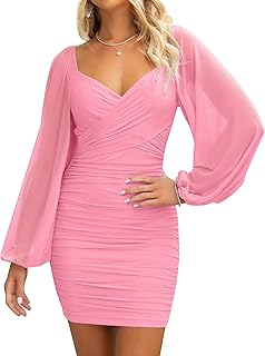 Women's Sexy V Neck Ruched Bodycon Mini Dress Puff Long Sleeve Cocktail Wedding Party Short Dresses - Buy now