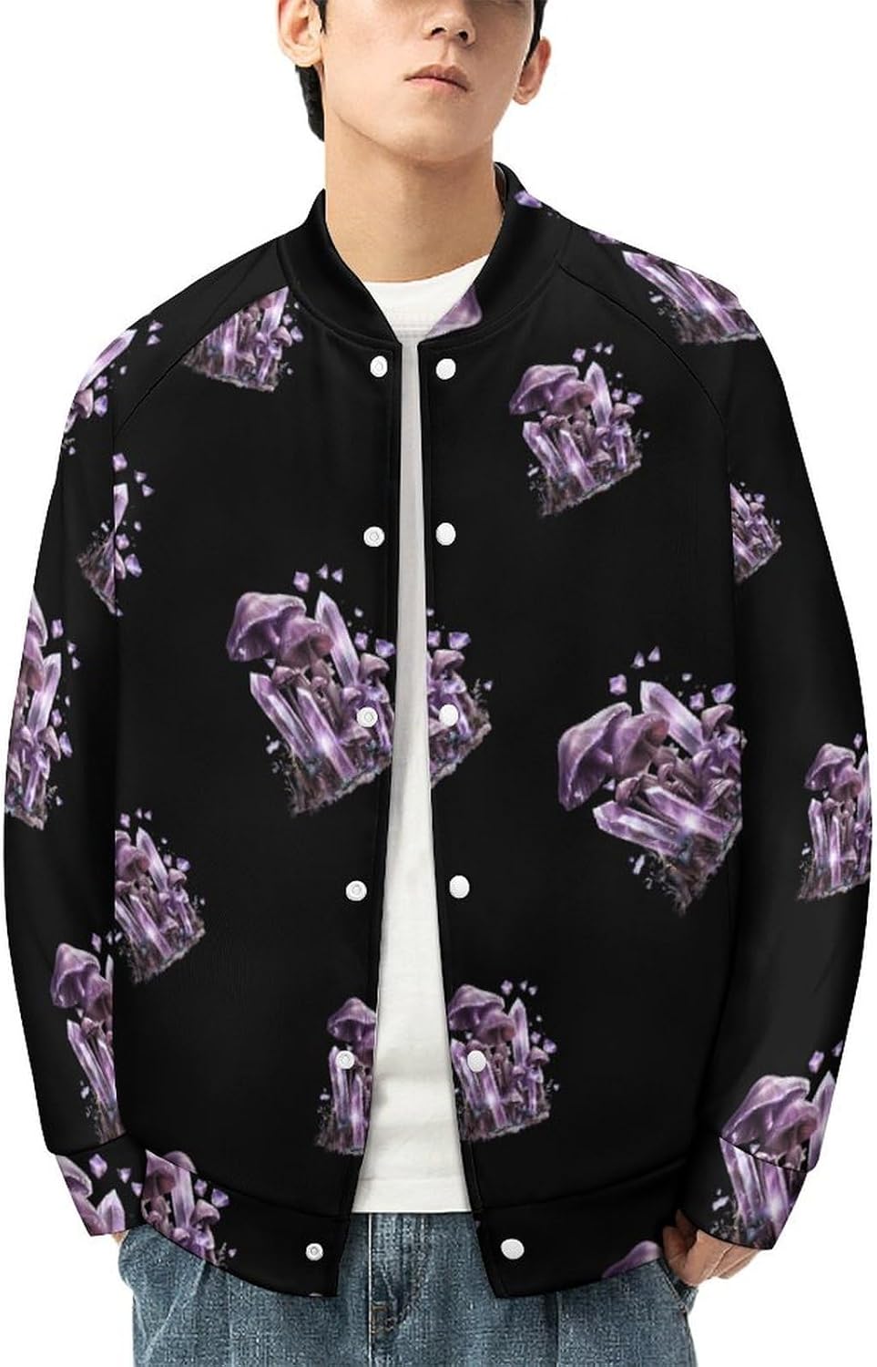 Witchy Magical Crystals Boho Mushroom Novelty Men's Baseball Jackets Causal Sweatshirt Button Top Long Sleeve Coat