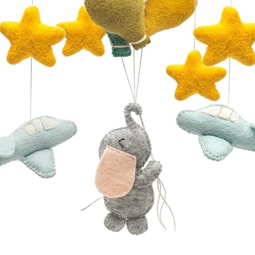 Miniatura 5 de GLACIART ONE Elefante y globo de aire caliente para cuna  Móvil neutro de género para decoración de guardería  Decoración de fieltro colgante hecha