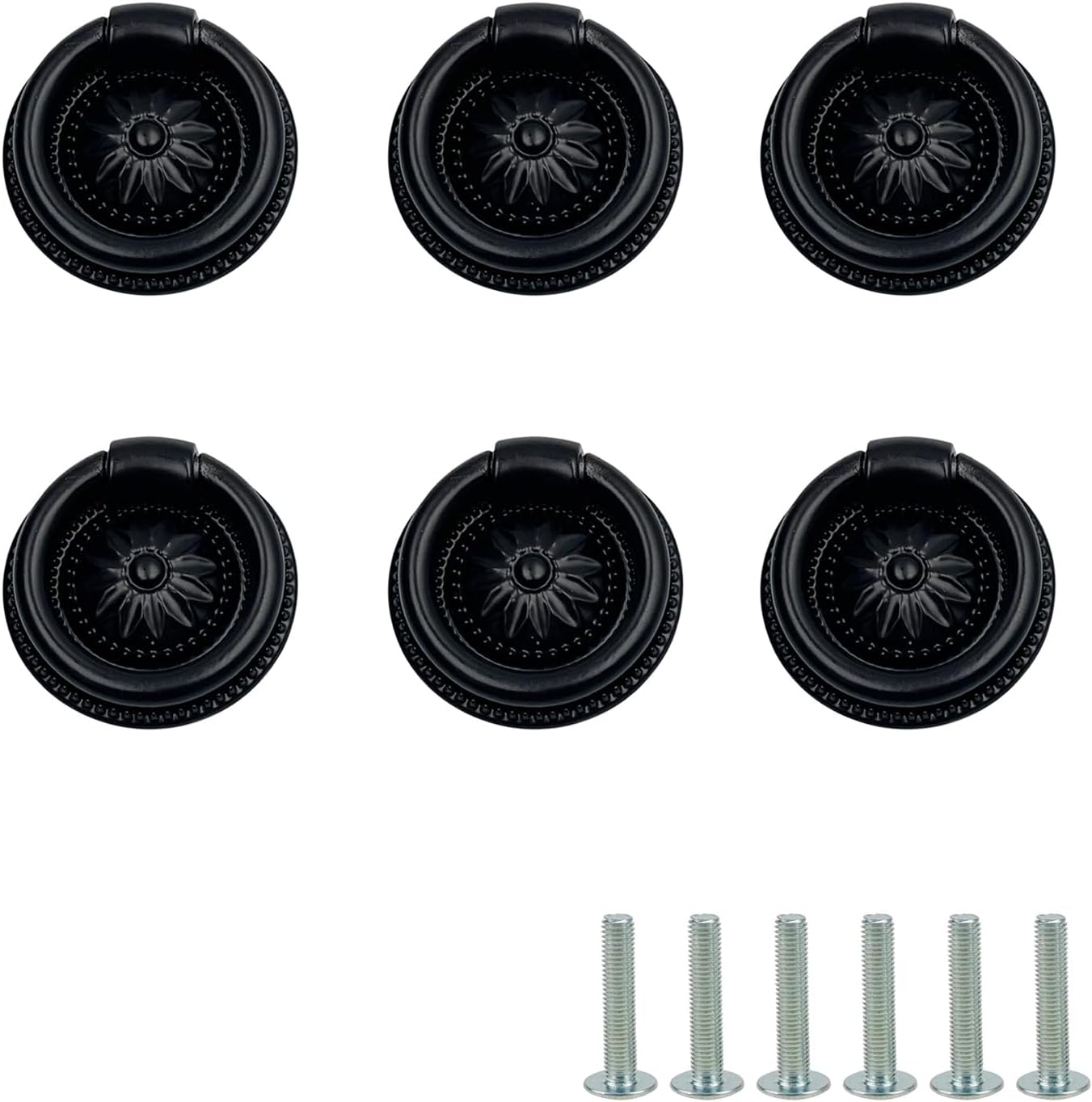 6 Pack Small Drawer Pulls Ring Pulls Metal Cabinet Pulls and Knobs Pull Handles Hardware for Dresser Drawers(Black)