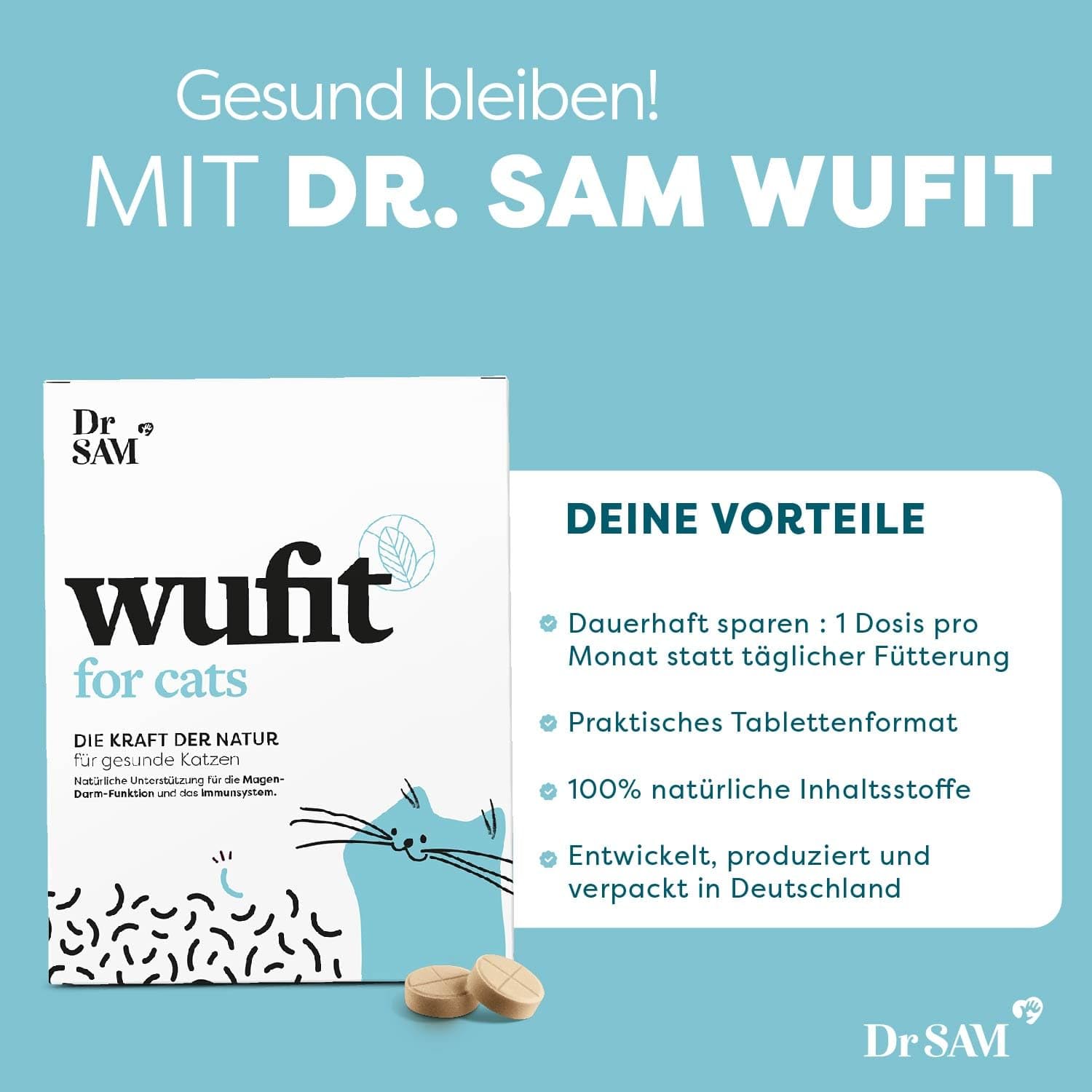 Dr. SAM wufit pour Chats à Base de Plantes - Paquet mensuel - Soutien de la Fonction Gastro-intestinale Naturelle après Une infestation de vers (Moins de 5kg)