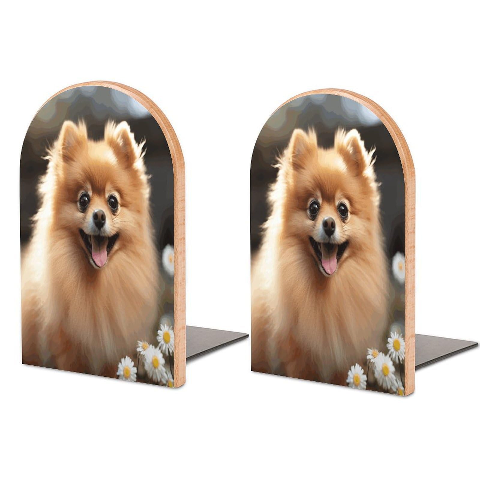 Pomeranian Dog Bookends Modern Bookends for Shelves Fashion Heavy Duty Book Stopper Sturdy Non-Skid Metal Base Wood Book Ends for Library Home Office 1 Pair