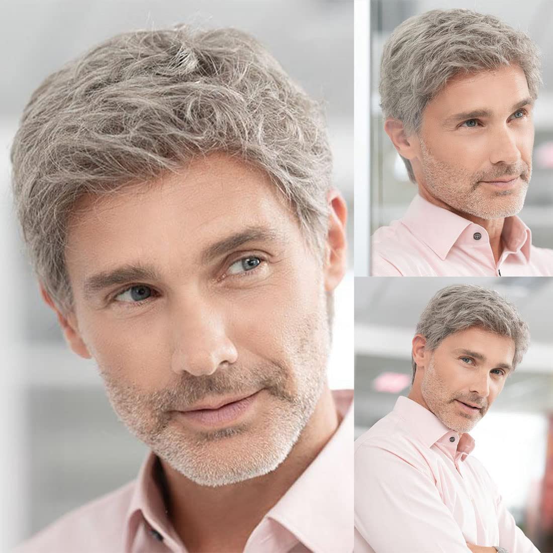 Sallcks Mens Short Grey Wig Natural Layered Costume Halloween Wigs Synthetic Heat Resistant Hair Replacement Wigs for Male Guys Beige Grey