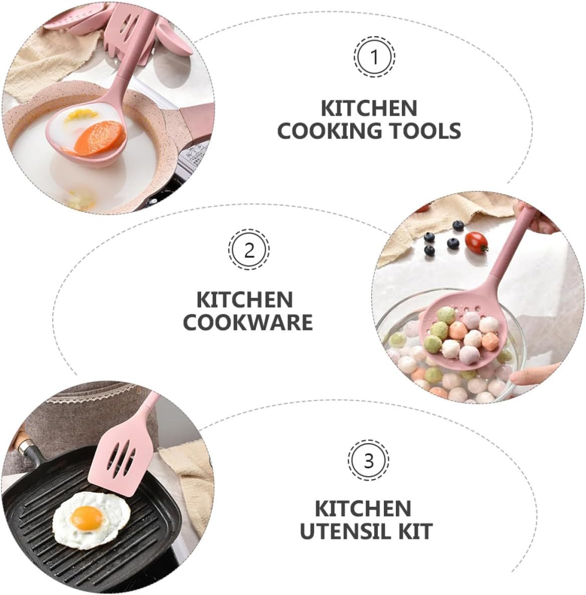 Luxshiny Silicone Kitchenware Utensil Set 8pcs with Wooden Handles, Pink Food-grade Silicone Cooking Tools for Household Kitchen Use with Storage Bucket