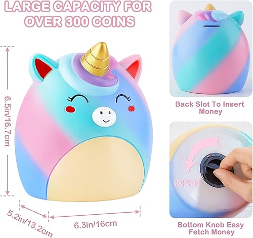 Miniatura 5 de Alcancía de unicornio para niñas, bonita alcancía irrompible de resina con calcomanías y pulsera, juego de pulseras para niños pequeños, azul y