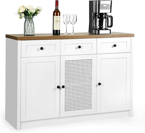 VOWNER Aparador de estilo granja, armario de almacenamiento de cocina grande de 47.2 pulgadas con 3 cajones y 3 puertas, moderno gabinete de barra