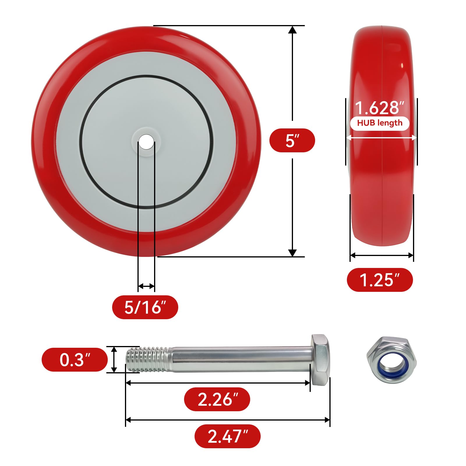 Ruedas de 5 pulgadas para carrito, ruedas de repuesto de poliuretano con eje de 5/16 pulgadas, capacidad total de 1200 libras (paquete de 4 unidades de diámetro de 5/16 pulgadas, rojo)