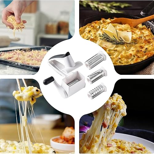 Miniatura 5 de Rallador de queso giratorio clásico con asa, rallador de queso de mano 3 en 1 con 3 ralladores de acero inoxidable, rallador multifuncional para