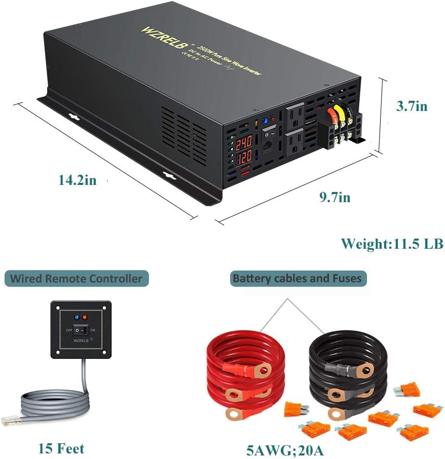 WZRELB 2500W 24VDC 120VAC Pure Sine Wave Power Inverter with 2 AC Outlets Wired Remote Control Car Inverter