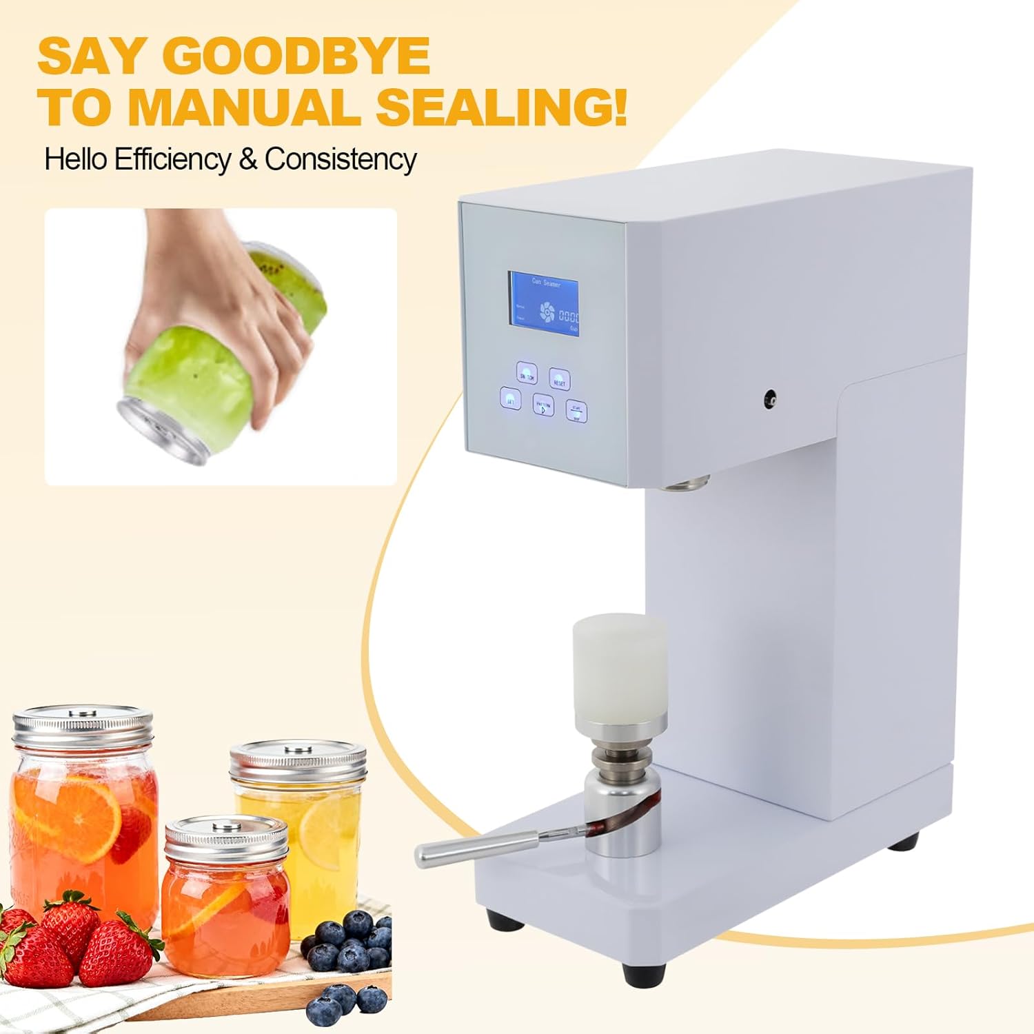 370W Automatic Can Sealer Machine, 110V Commercial Plastic Aluminum Beverage Seamer Machine w/LED Display, 2.17" Sealing Diameter Milk Tea Drink Bottle Sealer for Bars, Cafes (White1)