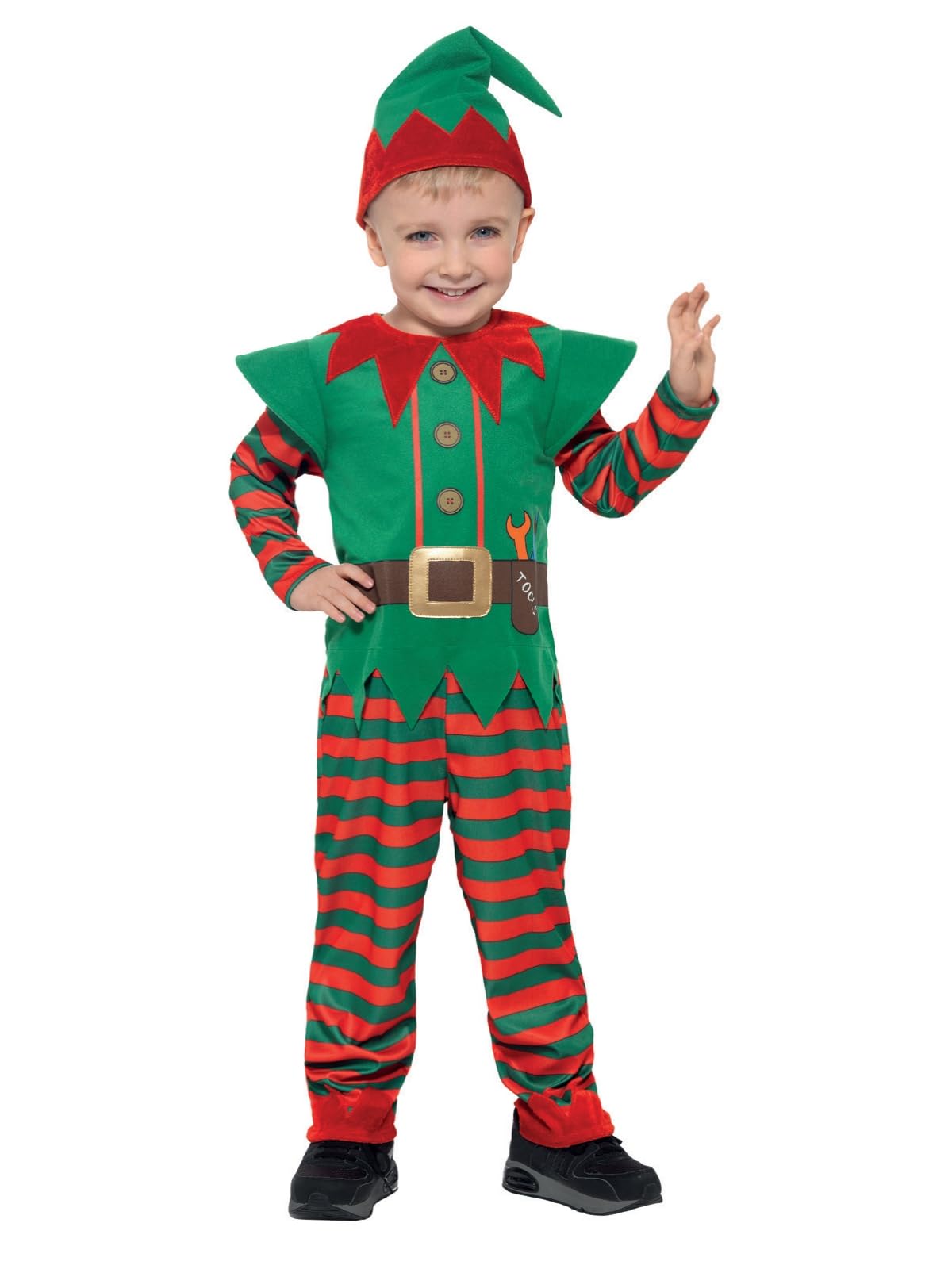 Smiffys Elf Toddler Costume, Red & Green Christmas Fancy Dress for Kids, Includes Jumpsuit with Belt Detail & Hat, Unisex Toddler & Small Child Sizes, Age 3-4