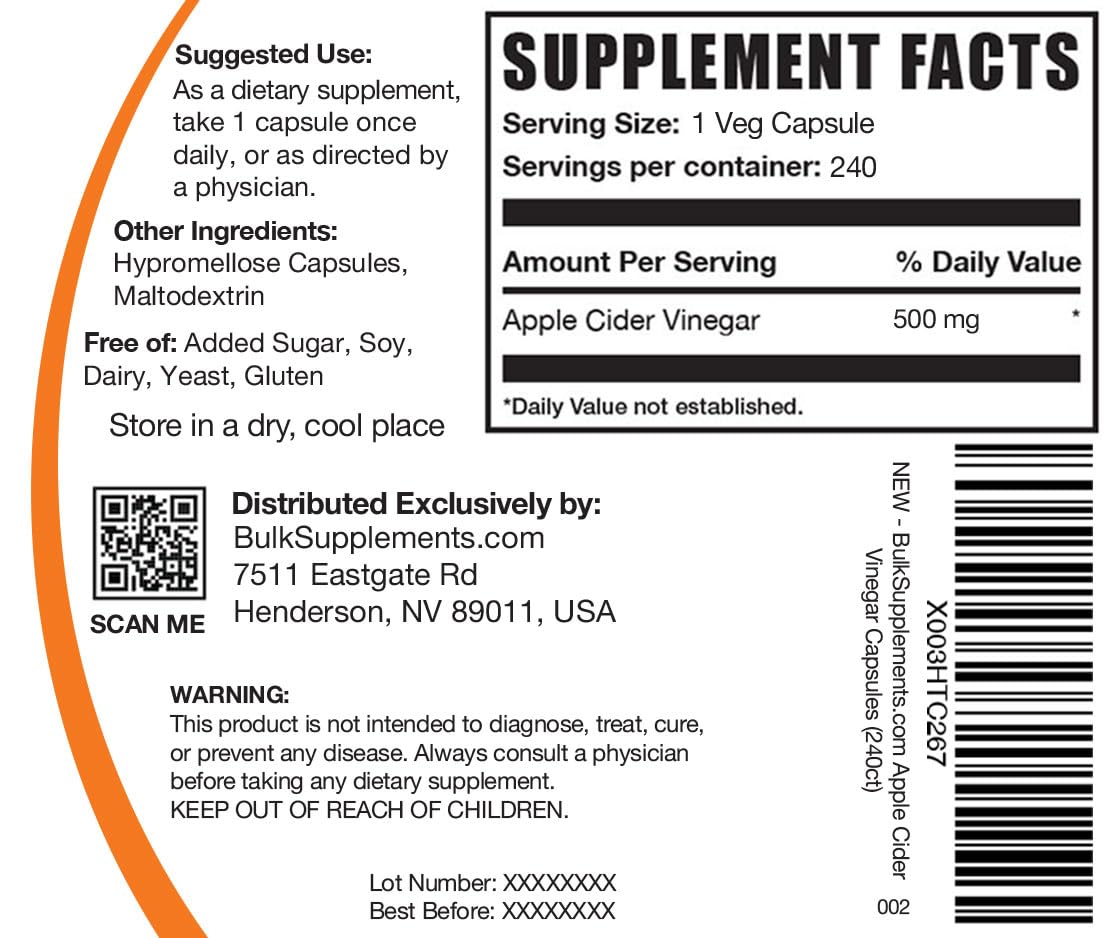 BulkSupplements.com Apple Cider Vinegar Capsules - ACV Capsules, Apple Cider Vinegar Supplements, Apple Cider Vinegar 500mg - Gluten Free, Capsule per Serving, 240 Capsules (Pack of 1) — Amazon image 2