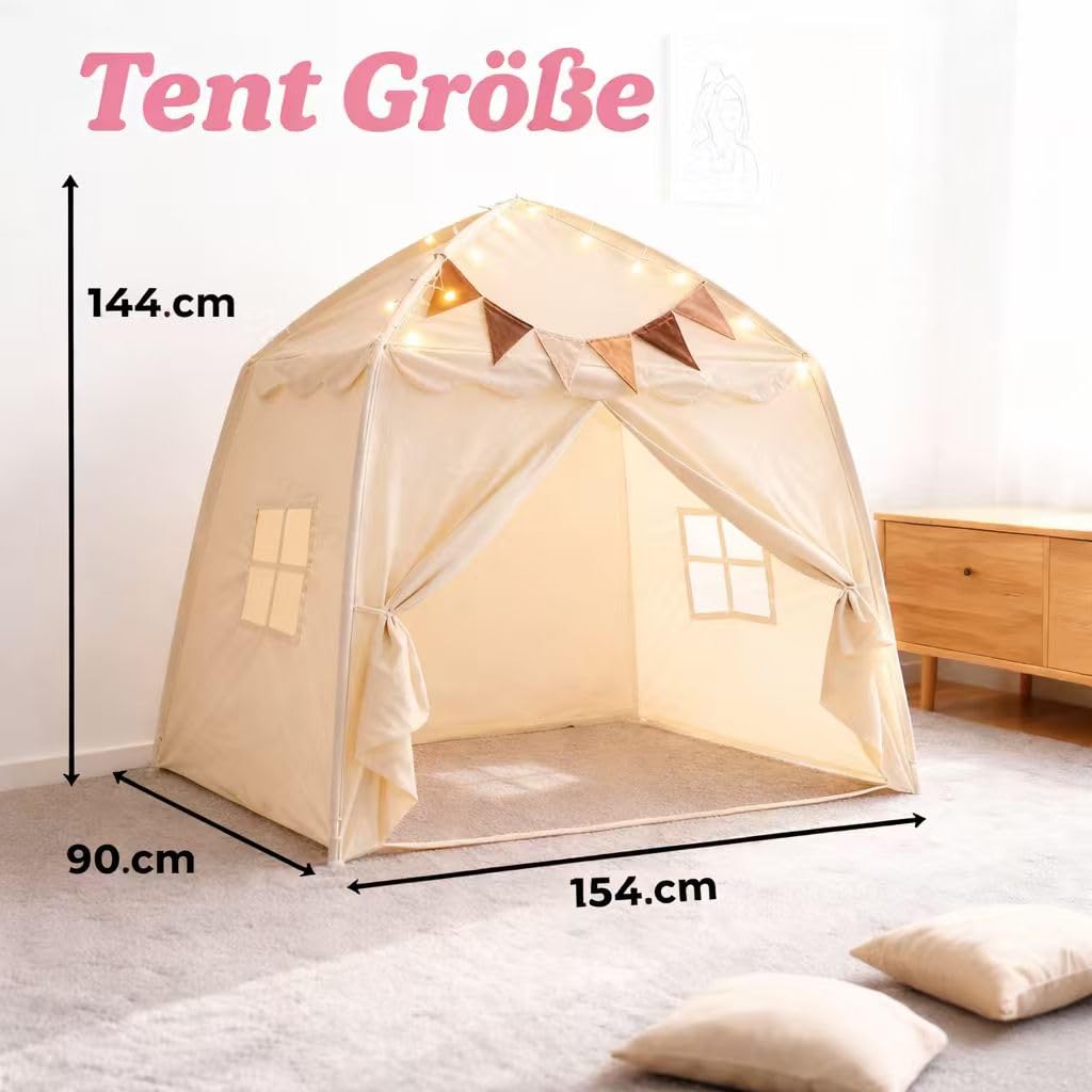 Kinderzelt Indoor mit Sternen Lichterkette und bunten Flaggen – großes Zelt Kinderzimmer Kinder-Zelt (142 × 90 × 152 cm) für Indoor & Outdoor, Spielhaus für Jungen und Mädchen, Lese Ecke & Rollenspiel