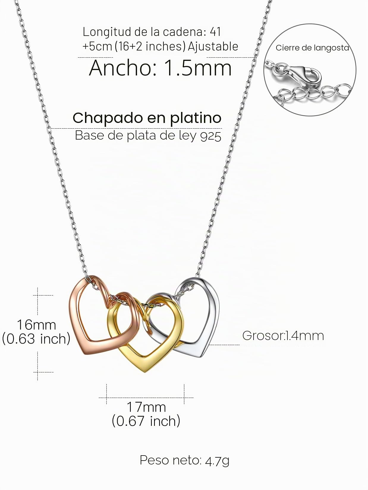Suplight Collar Mujer Plata de Ley 925 Colgante con 1/2/3 Corazones Collar Amor Eterno Plata/Oro/Oro Rosa Cadena 40cm+5cm