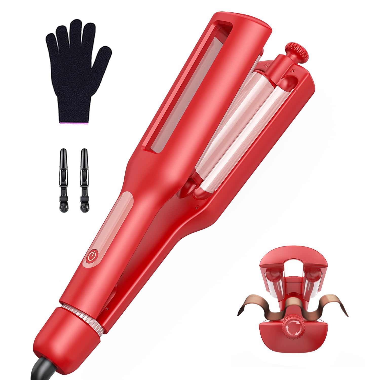 22/25/32/38mm Einstellbar Welleneisen für Haare - 4 In 1 Beach Waves Lockenstab, 3 Fässer Lockeneisen mit Anzeige, Verbrennungsschutz, Schnelle Heizung, 4 Temperaturen(140-210°C), Rosa