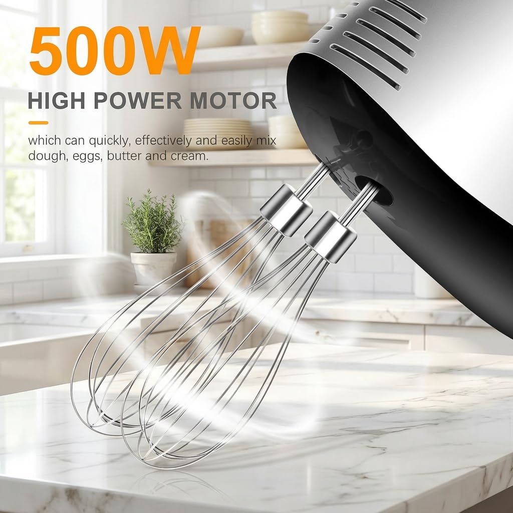 Batteur Électrique Puissant 500 W Batteur à Main avec 5 Réglages Vitesses Fonction Turbo et Bouton d'Éjection Batteur Cuisine Électrique avec Fouets et Crochets Inox Pour Gâteaux Confitures Crèmes