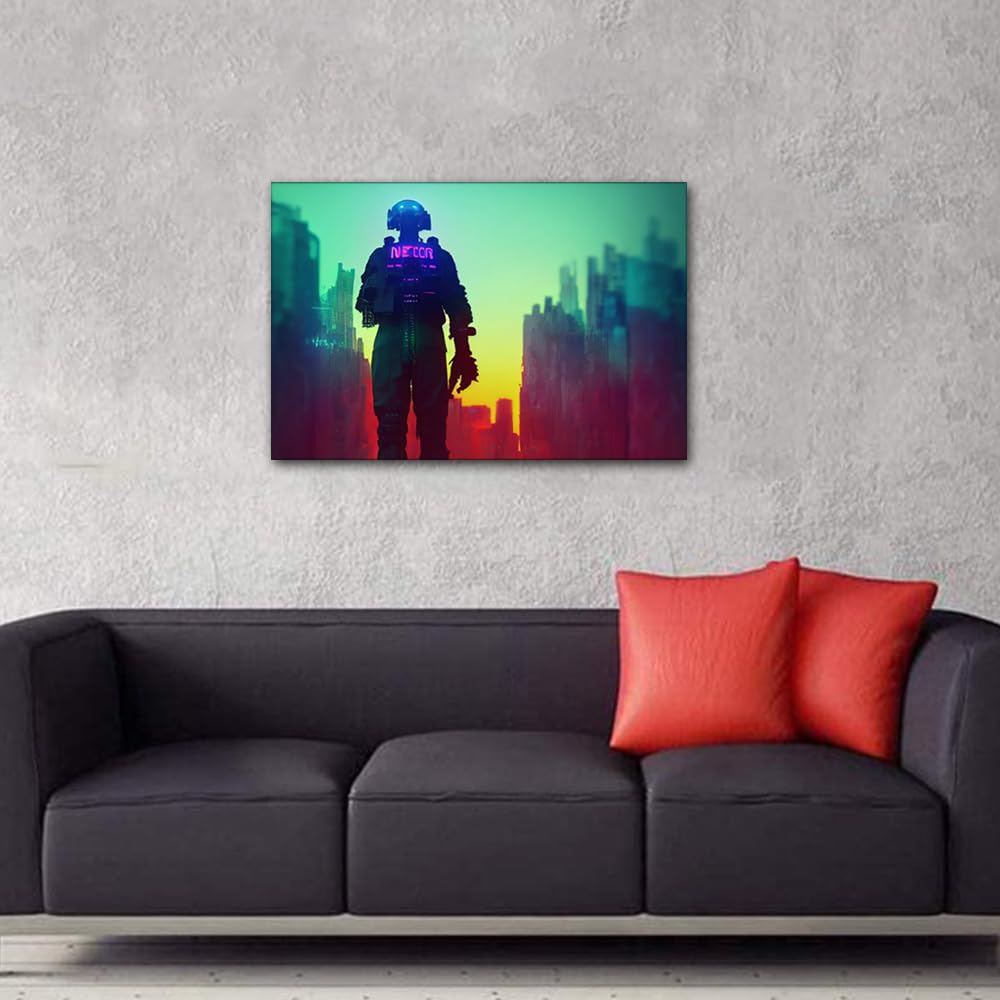 Canvas Wall Art Cyberpunk Soldier City Patrol Pictures Cyberpunk City Paintings for Living Room Premium Quality Artwork Bedroom Home Decorations Framed Posters and Prints Ready to Hang 24x16 in - Image 2