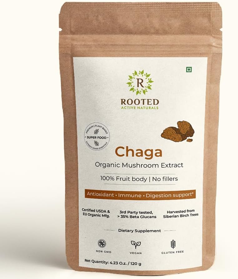 (MFD:J/2024)ROOTED Actives, Siberian Chaga Mushroom Extract, USDA & EU Organic| 35% Beta Glucans - Lab Verified | Cardio, Antioxidant & Immunity Support (4.23 Ounce)
