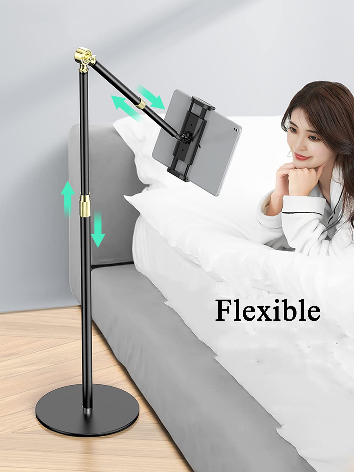 Soporte de Suelo para iPad, con Bandeja y Base Estable, Ángulo Altura Ajustable Soporte de Pie para Tablet de 4,7 – 13 Pulgadas,Plata