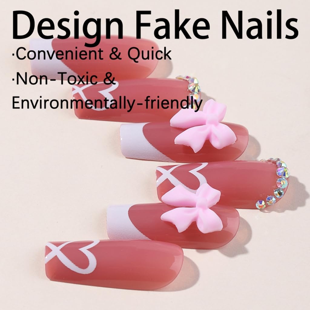 Chic Bows Tie Adorned Press On Nails Medium Long False Nails Full Cover Glossy Nude Square Acrylic False Nails