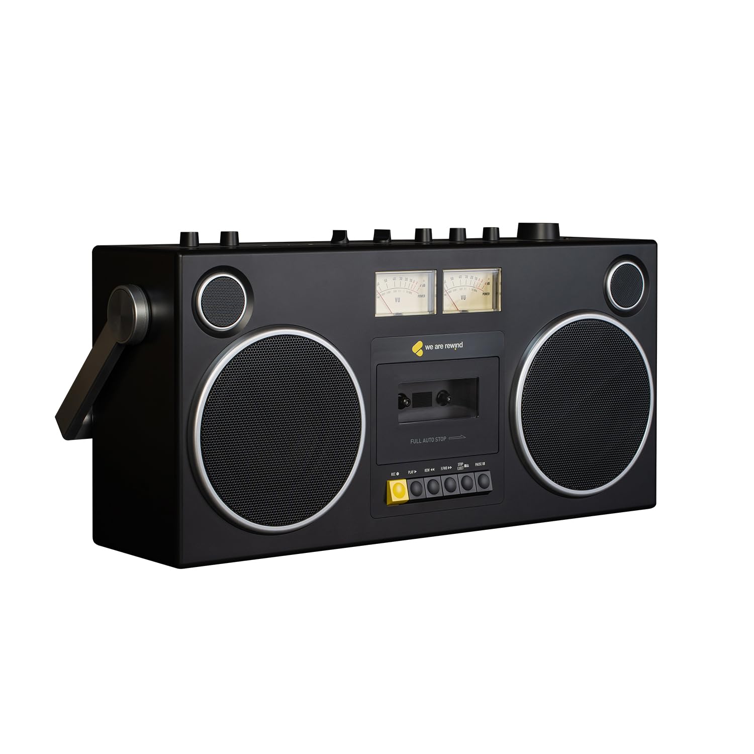 We Are Rewind Retro Kassettenrekorder Curtis - Boombox mit Bluetooth 5.4 tragbarer Kassettenspieler mit Aufnahmefunktion Ghettoblaster 104 W Stereo Lautsprecher mit 15h Akku in Schwarz