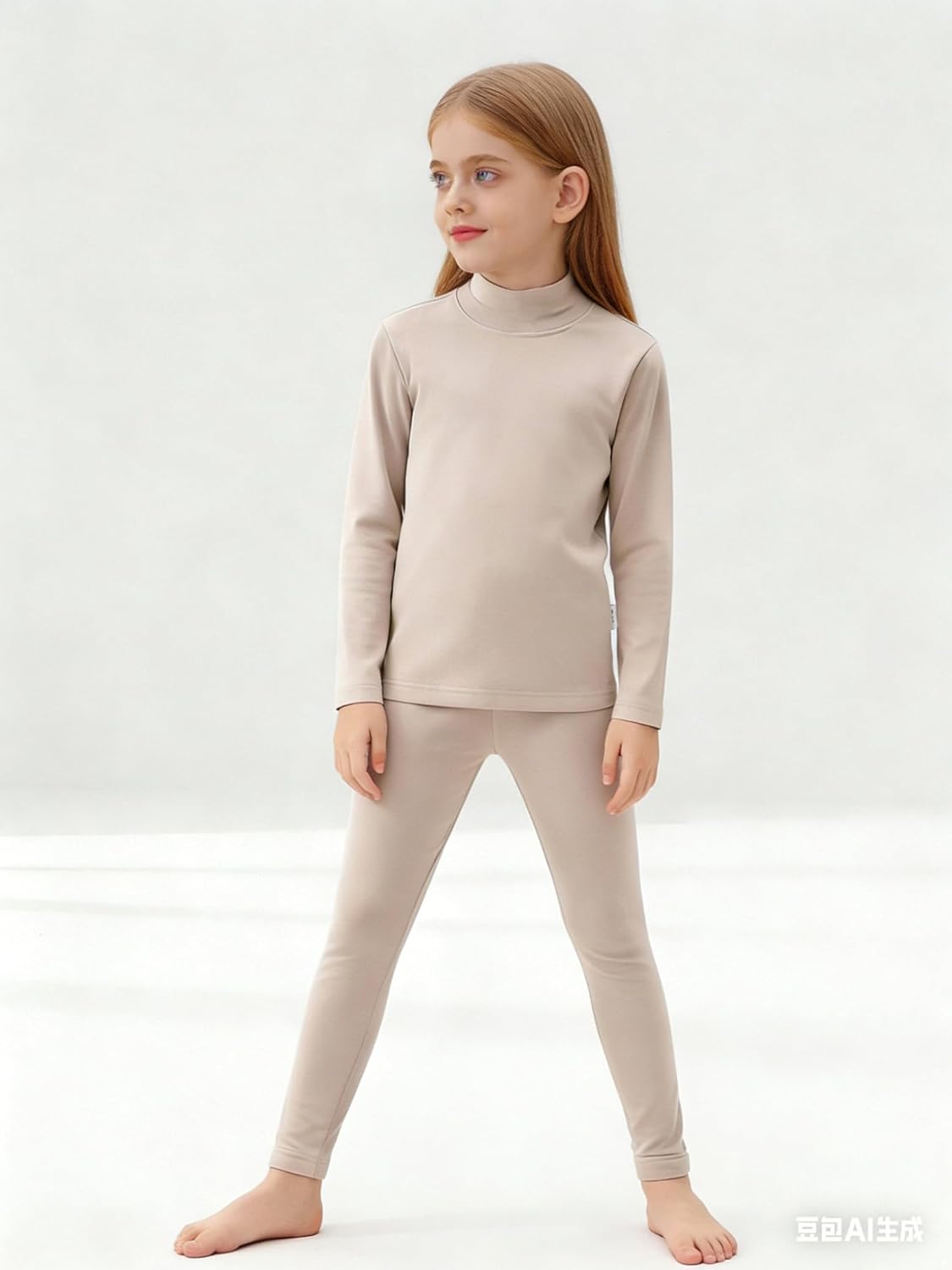 Hansber Kids Solid Color Thermal Set Fleece Lined Long Sleeve Top with Elastic Waist Casual Leggings Khaki 11-12 Years