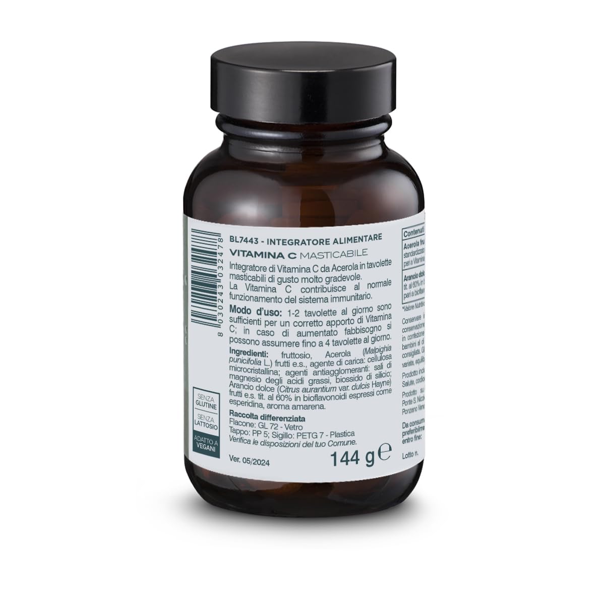BIOS LINE Principium Vitamina C Masticabile, Integratore Alimentare Naturale di Vitamina C, Gusto Amarena, 120 Tavolette Masticabili