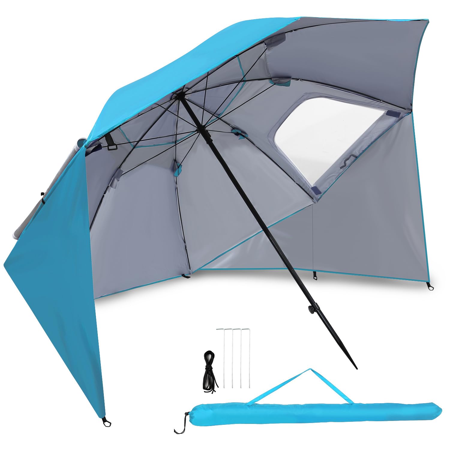 Jayseuw 𝗝𝗮𝘆𝘀𝗲𝘂𝘄 Sonnenschirm Strandmuschel 2 in 1, UV50+ Strandschirm Ø210x220 cm für 2-4 Personen, faltbar mit Fenster, Heringen und Tragetasche, Windschutz für Strand Garten Camping
