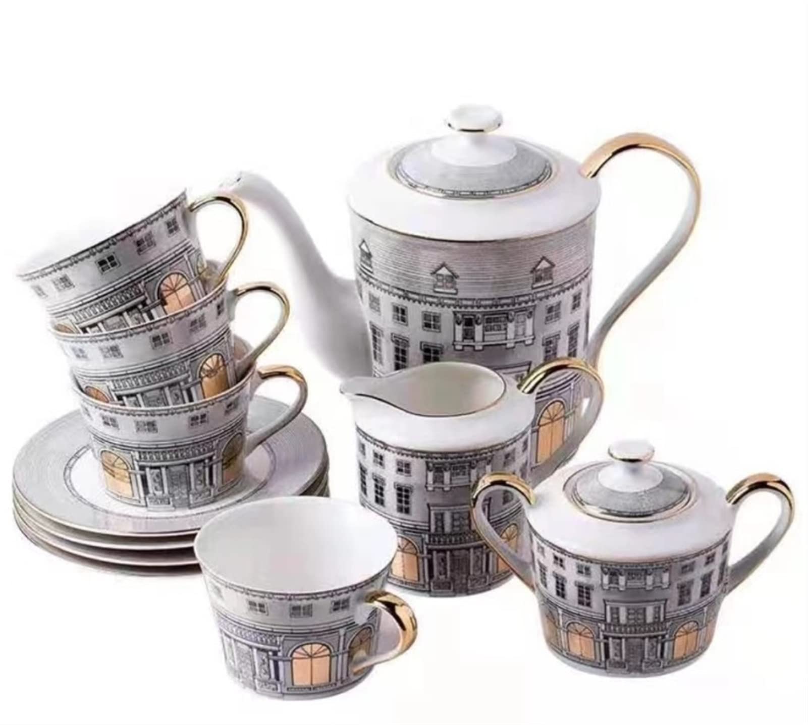 YNIYUJKL British Bone China Coffee Cup, Saucer, Teapot, Milk Tank, Full Set Of Gold-Painted Handle, Building Series, Gift Box, Coffee Set