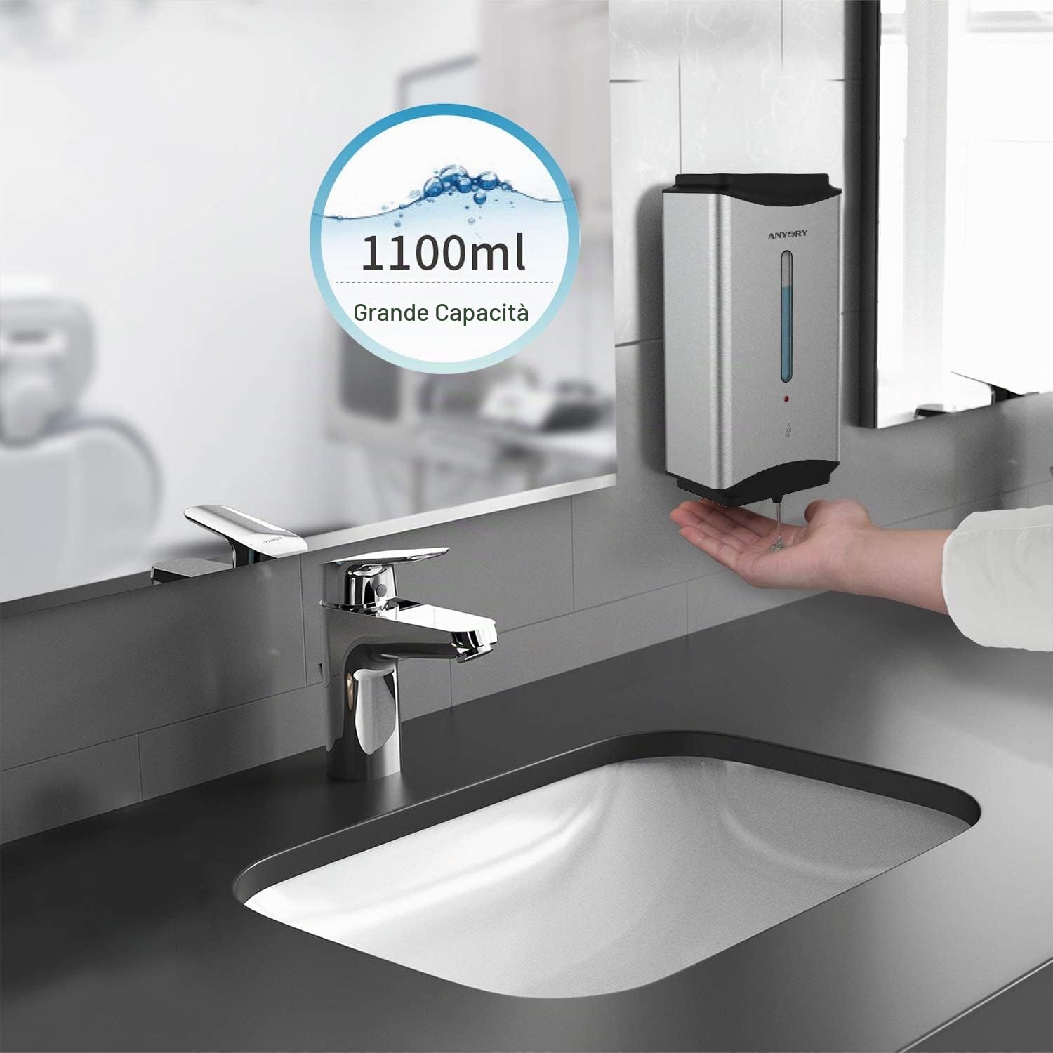 anydry AD1206 Distributore Automatico di Sapone Liquido per Montaggio a Parete Commerciale Finitura in Acciaio Inossidabile 1100 ml Grande capacità (Spazzolato)