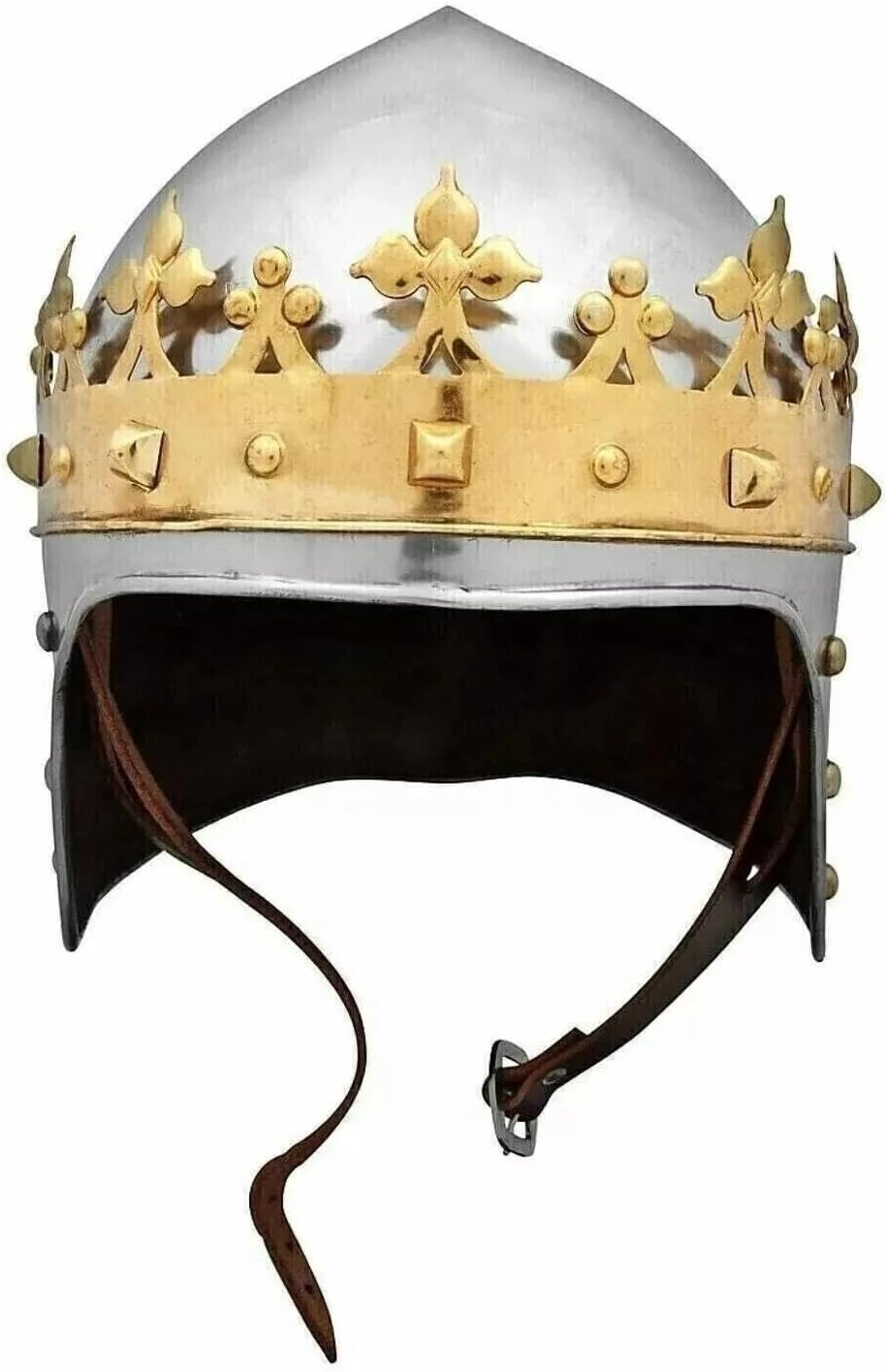 Medieval Knight Crown Helmet Crusader Costume Armor LARP | Steel & Brass Construction, Fleur-de-lis Crown, Leather Chin Strap, Adult Unisex, Wipe Clean Care