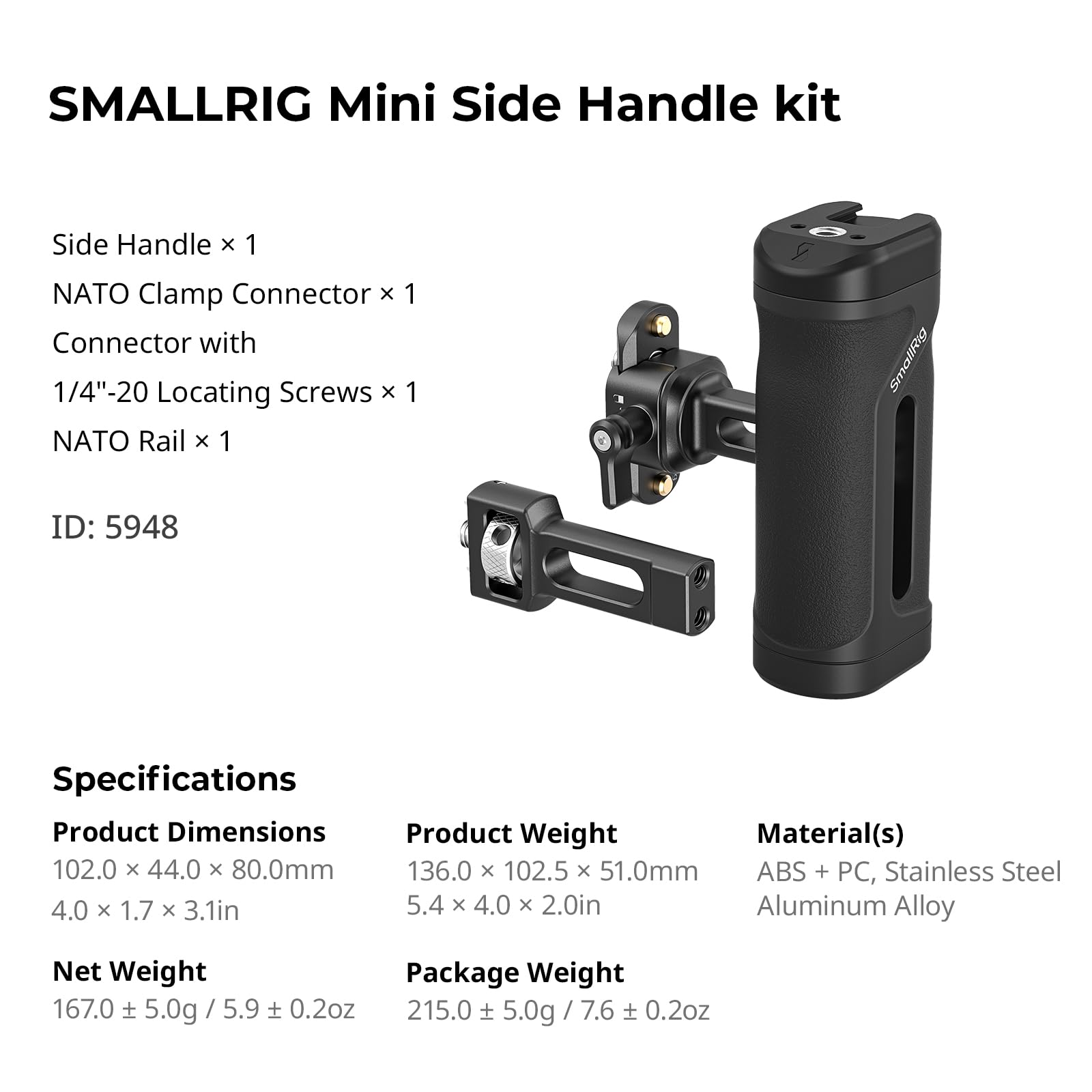 SMALLRIG Empuñadura Lateral Mini con Riel NATO o Rosca 1/4"-20, Agarre Ergonómico para Mano Izquierda o Derecha, Ajuste Vertical 30mm, con Zapata Fría y Rosca - 5948