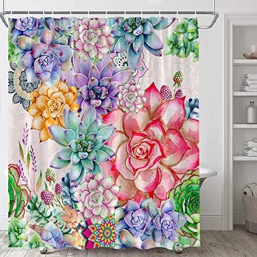 Boho Flower Shower Curtain Tropical Succulents Plant Cactus Floral Spring Summer Desert Exotic Botanical Mandala Nature Rustic Girl Fabric Bathroom Set with Hook 70X70Inch